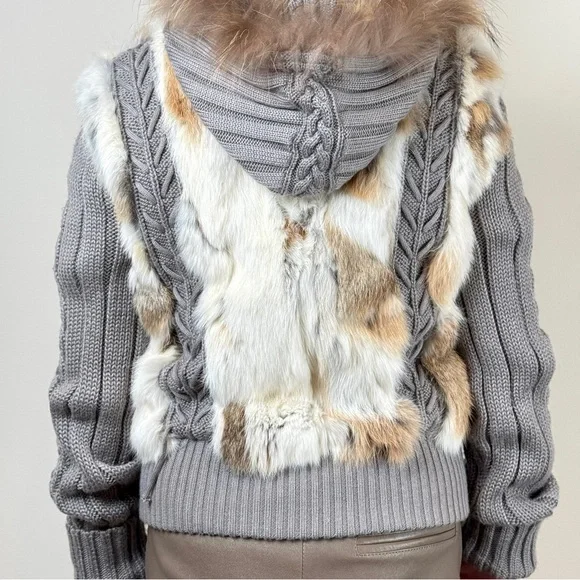 Rabbit Fur and Cable Knit Cardigan Jacket with Hood - Picture 11 of 15